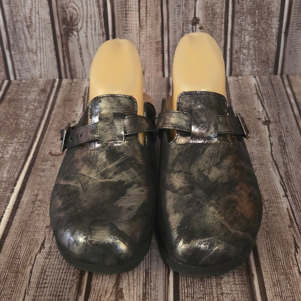 Sz 37/ 6 Womens Naot Autumn Metallic Black Silver Leather Comfort Clogs Worn 1X
